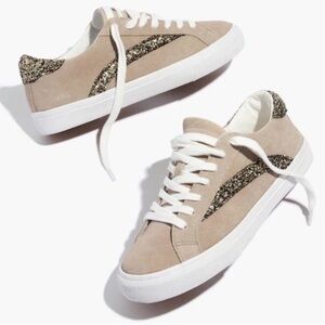 Madewell Sidewalk Low Top Tan Suede Glitter Casual Sneakers